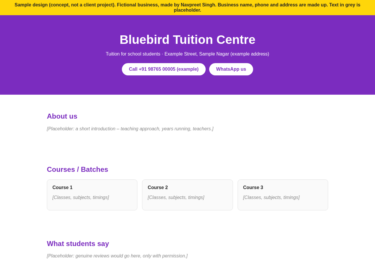 Screenshot of sample 1-page website design for fictional business Bluebird Tuition Centre