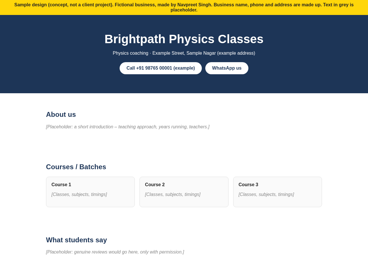 Screenshot of sample 1-page website design for fictional business Brightpath Physics Classes
