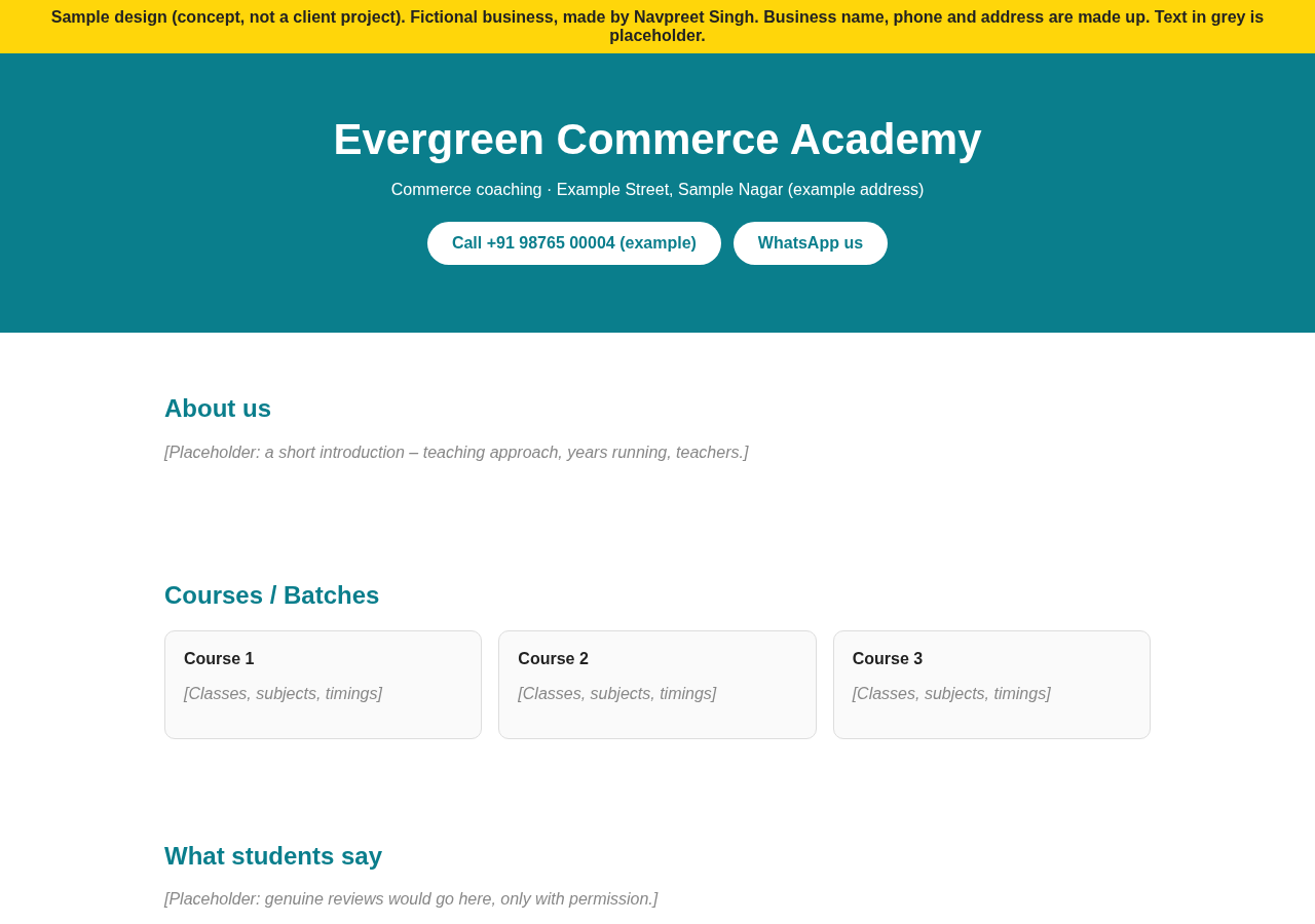 Screenshot of sample 1-page website design for fictional business Evergreen Commerce Academy