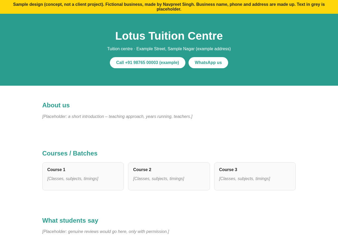 Screenshot of sample 1-page website design for fictional business Lotus Tuition Centre