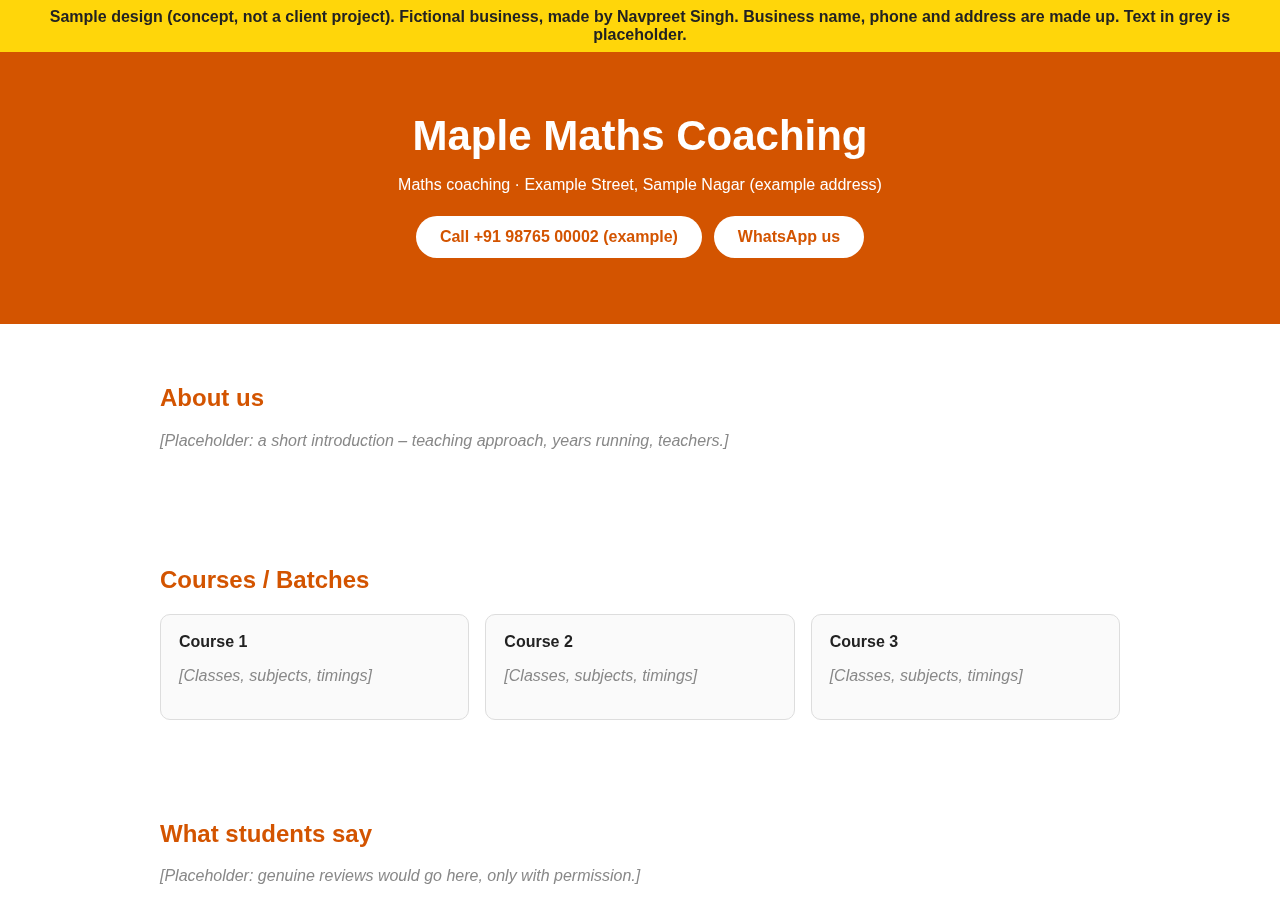 Screenshot of sample 1-page website design for fictional business Maple Maths Coaching