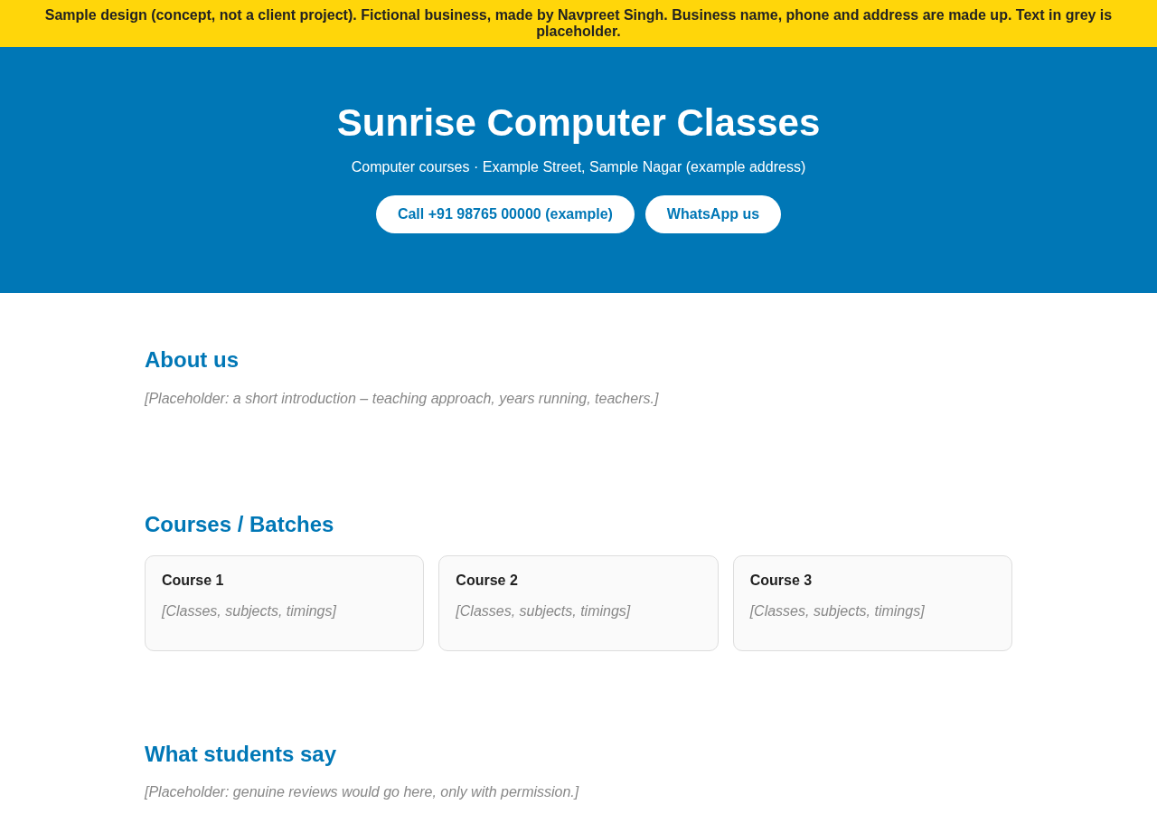 Screenshot of sample 1-page website design for fictional business Sunrise Computer Classes