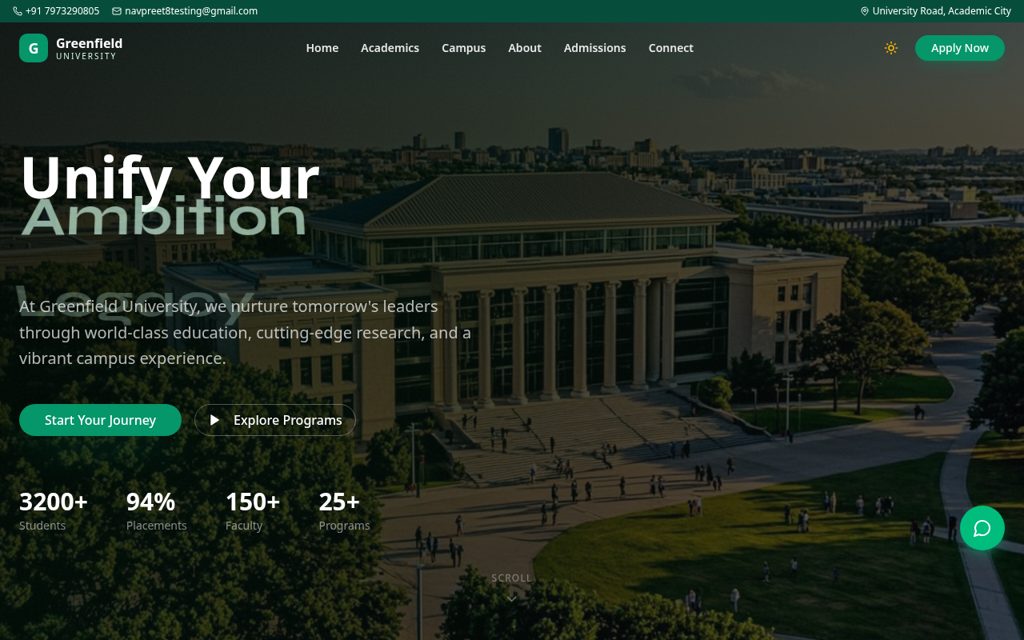 Greenfield University site, a live build by Tirva Digital